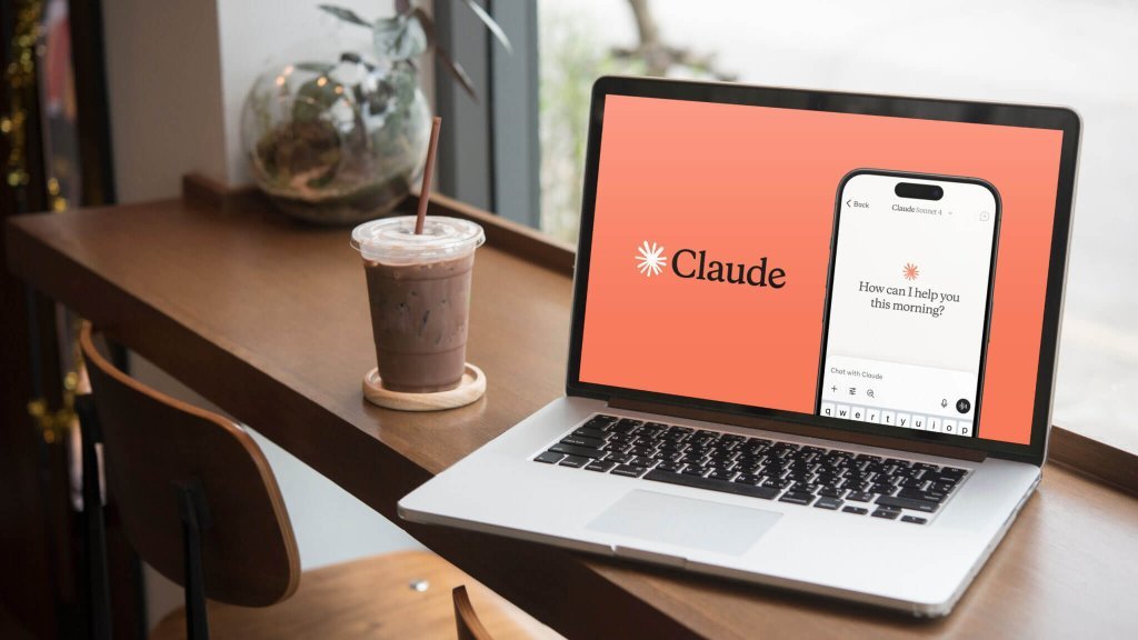 Claude ai chatbot interface displaying on a laptop screen within a cafe setting
